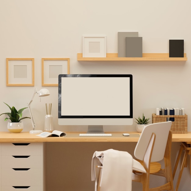Renderização 3D, sala de home office com computador, suprimentos e decorações, ilustração 3D