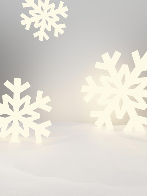 Renderização 3D Sazonal ou Fotografia de Estúdio de Natal Fundo de exibição de produto com iluminação de flocos de neve