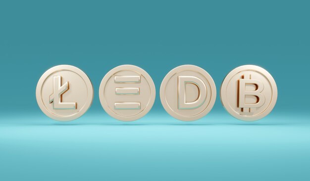 Renderização 3D símbolos de criptomoeda Bitcoin Ethereum Dogecoin litecoin em moedas no fundo