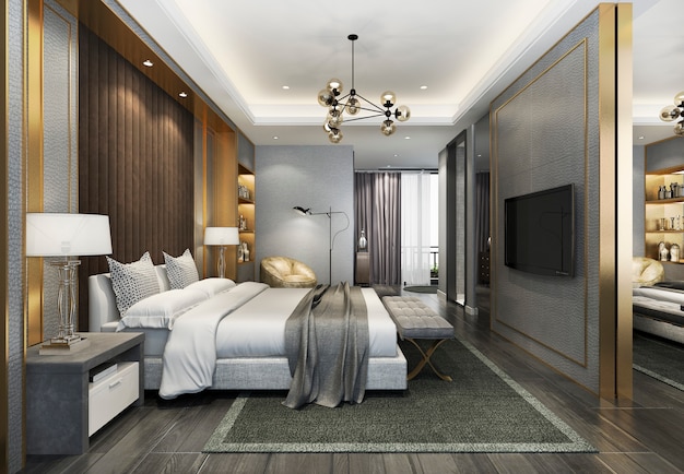 Renderização 3D suíte de quarto de luxo bonito no hotel com tv e mesa de trabalho