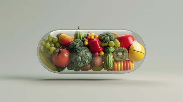 Renderização 3D ultra-realista de uma pílula cheia de várias frutas e legumes em fundo cinza