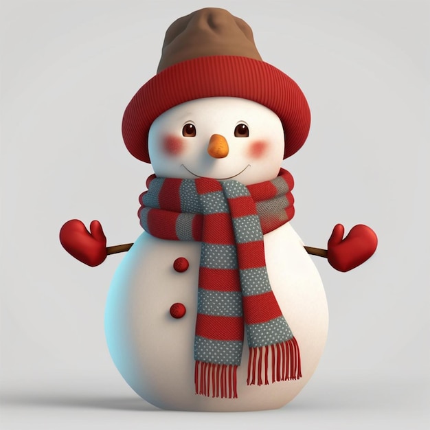 renderização 3D um lindo boneco de neve com luvas vermelhas, chapéu e cachecol, isolado em um fundo branco