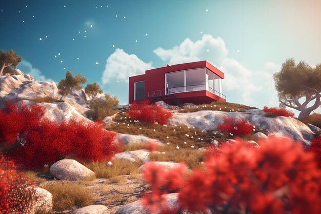 Renderização 3d vermelha de uma casa moderna e brilhante em uma paisagem natural