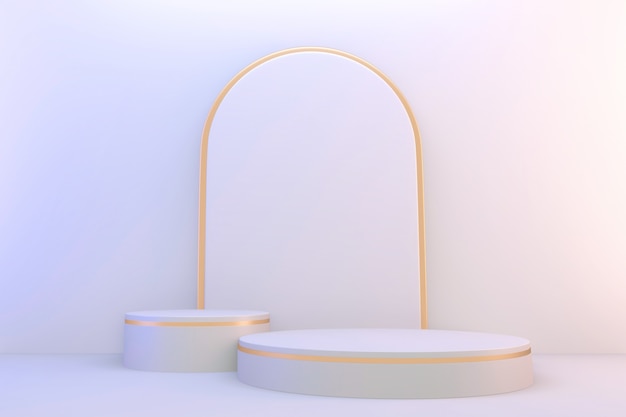 Renderização 3D. Visor moderno e minimalista em branco e ouro com pódio abstrato.
