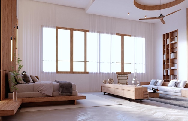 renderização 3d3d Interior Scene and MockupSala de estar e quarto em estilo moderno em whi