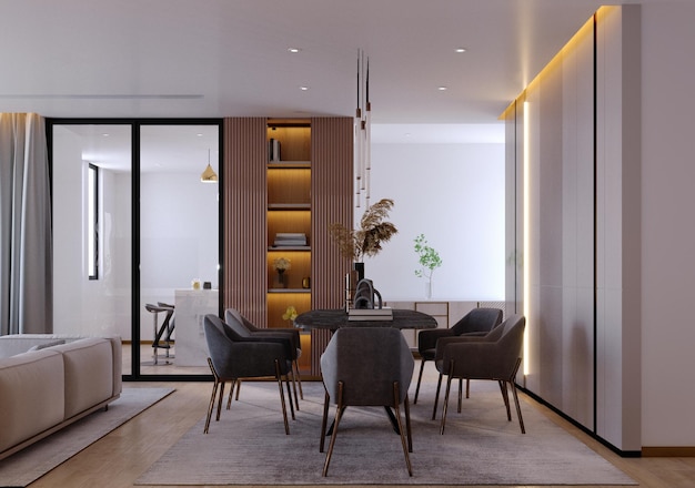 renderização 3dilustração 3d cena interior e maquetecozinha jantar interiordesign de mobiliário moderno