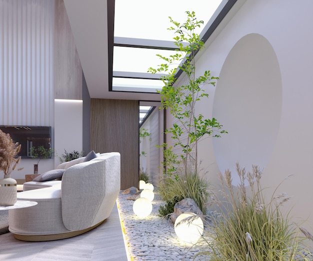 renderização 3dilustração 3d cena interior e maquetesala de estar e jardim interiordecorado com móveis marrons e grão de madeira