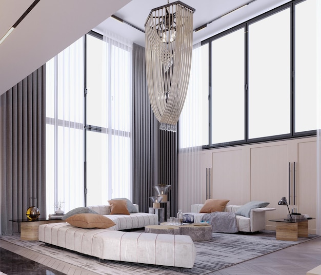 renderização 3dilustração 3d Cena interior e maquetesala de estilo modernoum grande sofá bege um lustre no meio da sala