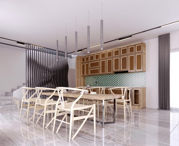 renderização 3dilustração em 3d Cena interior e maquetesala de jantar e interior da cozinhamóveis de detalhes em madeira