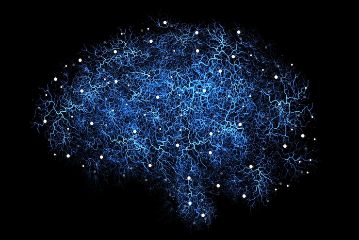 Foto renderização artificial da via neural cerebral e gráfico digital de inteligência e neurociência em estúdio fundo preto isolado e sem pessoas com dados neuro gerados por ai e conexão mental