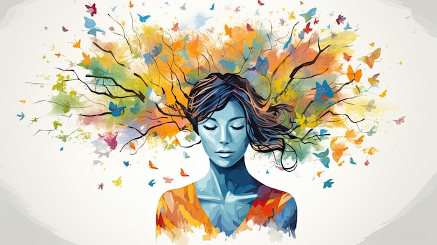 Renderização artística de uma mulher com folhagem outonal e borboletas para pensamentos