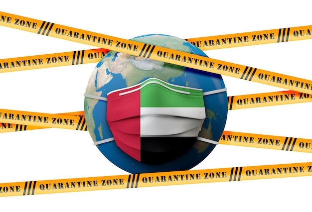 Renderização da zona de quarentena de máscara médica protetora da bandeira dos Emirados Árabes Unidos