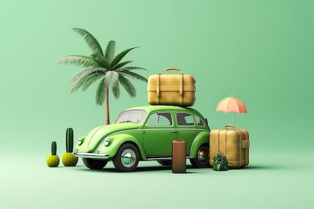 Renderização de carro verde pronto para as férias de verão com maquete de bagagem