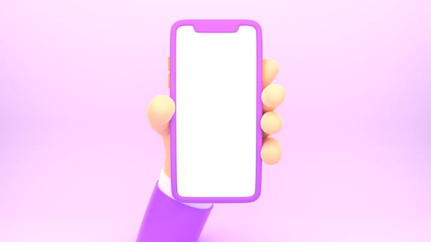 Foto renderização de desenho animado 3d da mão do empresário segurando o smartphone com tela em branco para o modelo de maquete
