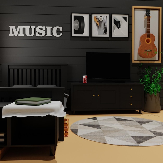 Renderização de design de sala de música 3D com estilo minimalista e equipada com interior de sala