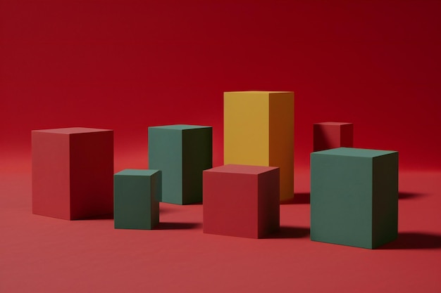 Renderização de formas geométricas coloridas em fundo vermelho
