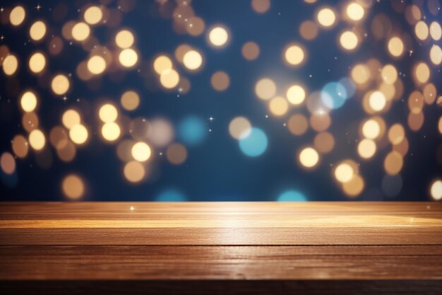 Renderização de foto 3D de uma mesa de madeira contra um fundo de luzes bokeh brilhantes