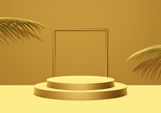 Renderização de fundo 3d de pódio duplo de ouro com quadrado para maquete de produto