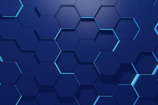 Renderização de fundo d padrão de hexágono azul brilhante