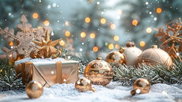 Renderização de fundo de inverno com ornamentos bolas de vidro estrelas douradas caixa de presente galhos de abeto bandeira em branco papel de parede festivo modelo para cartão de saudação