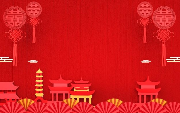 renderização de fundo vermelho abstrato com decorações em estilo chinês