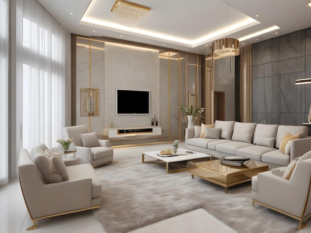 renderização de grandes interiores modernos e luminosos de luxo sala de estar gerada ai