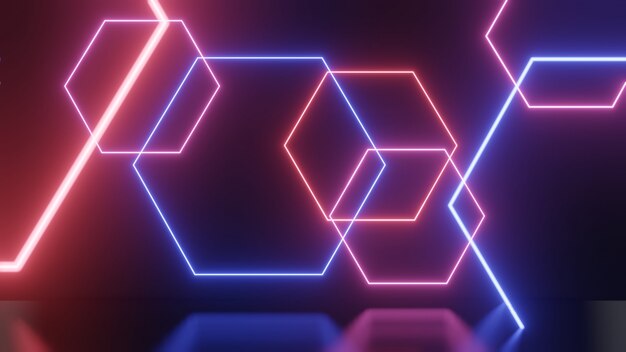 Renderização de hexágono de luz de néon no fundo