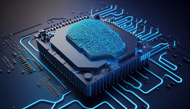 Renderização de Idéia de Hardware de Inteligência Artificial Na placa-mãe de um computador há um circuito cerebral piscando em um microchip branco Para processamento massivo de dados AI trading Generative AI