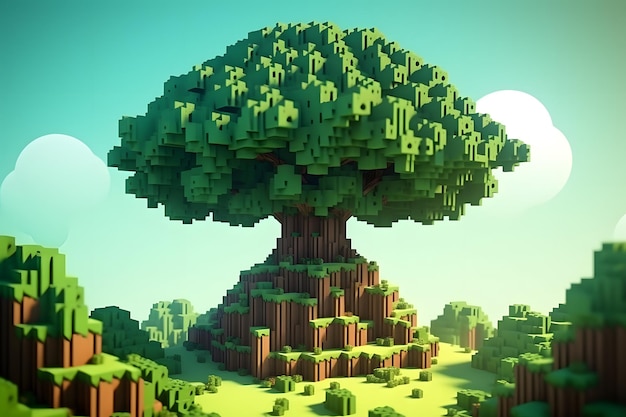 renderização de ilustração 3D de árvore cúbica com folhas verdes e carvalho de estilo 3D Generative Ai Voxel