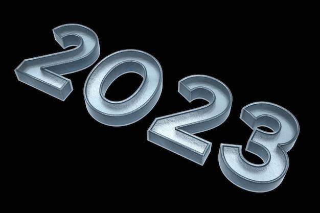 Renderização de ilustração 3d de cor azul de texto 2023. texto de número 2023 3d com fundo preto isolado