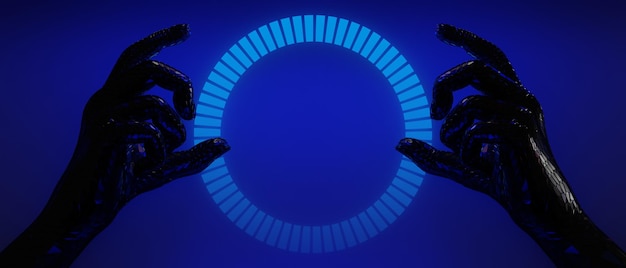 Foto renderização de ilustração 3d de exibição futurista de cyberpunk, jogo, palco, pedestal, fundo, jogador, sinal, sinal de neon, pódio, suporte, para, produto
