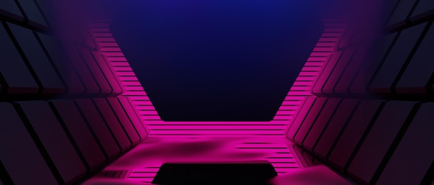 renderização de ilustração 3D de tecnologia futurista cyberpunk exibição jogos scifi palco pedestal fundo gamer banner sinal de pódio de suporte de brilho neon para o produto