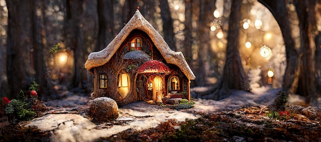 Renderização de ilustração 3D de uma Floresta Encantada com a casa de Santa39 lindamente decorada para o Natal