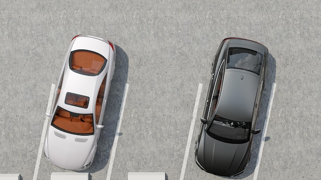 Renderização de ilustração 3D de vista aérea de estacionamentos vazios
