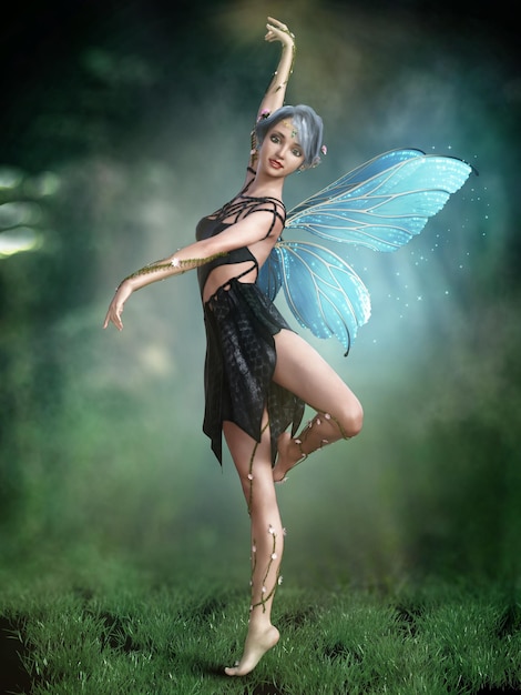 renderização de ilustração 3D Retrato de uma fada de fantasia dançando na floresta