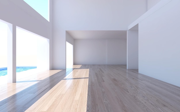 Renderização de interiores em casa com parede branca de quarto vazio e há uma variedade de quartos com pisos de reflexão