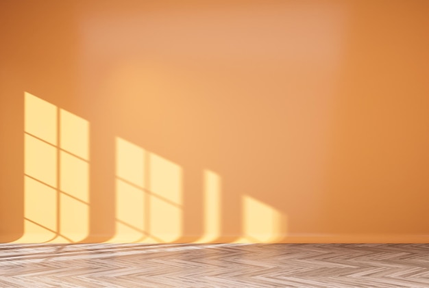 Renderização de interiores em casa com parede de cor de quarto vazio e decorada com pisos de madeira