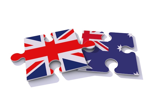 Renderização de peças de quebra-cabeça de bandeira do reino unido e austrália d