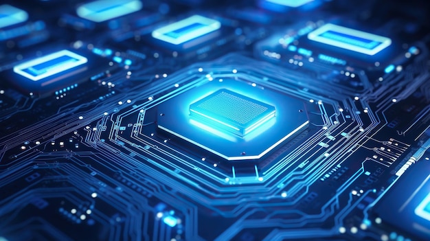 renderização de placa de circuito futurista azul com elétrons placa de circuito conceito de CPU computador processador placa-mãe chips fundo de ciência tecnológica