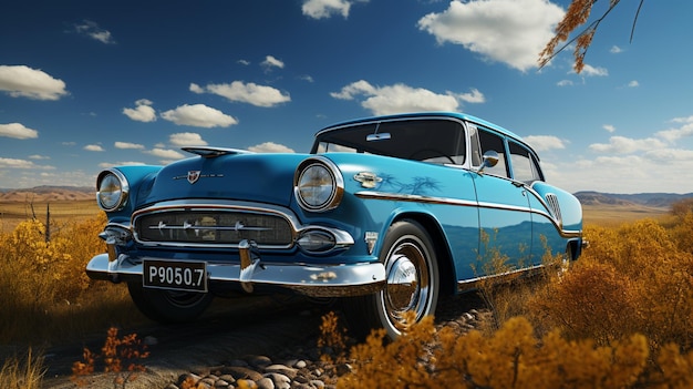 renderização de um carro vintage azul