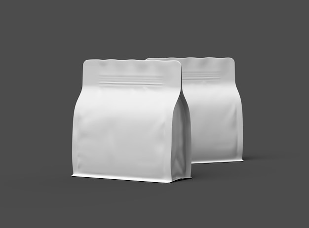 Renderização de um pacote de doypack quadrado branco e brilhante com zíper em fundo escuro