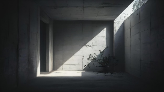 Renderização de uma sala de concreto vazia com sombra na parede