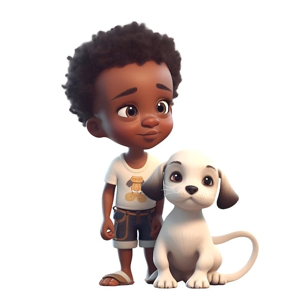 Renderização digital 3D de um garotinho com um cachorro isolado no fundo branco
