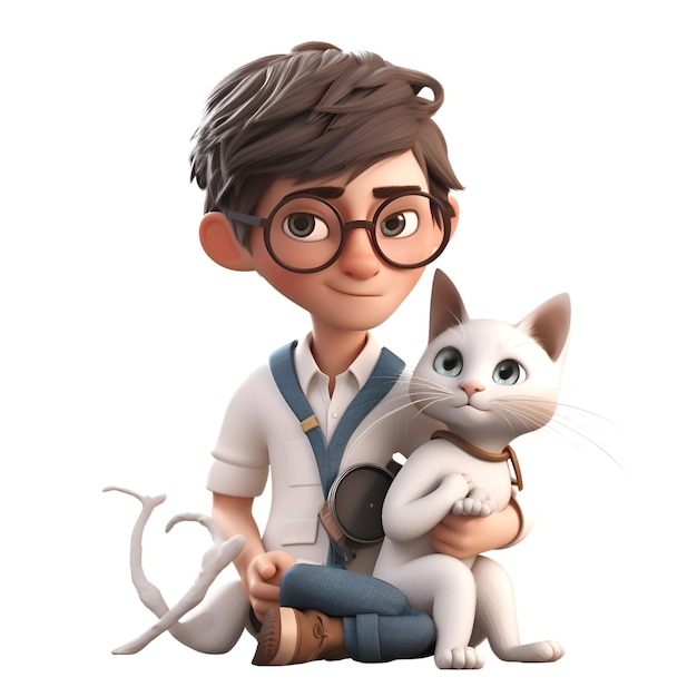 Renderização digital 3D de um menino bonito com um gato isolado em fundo branco