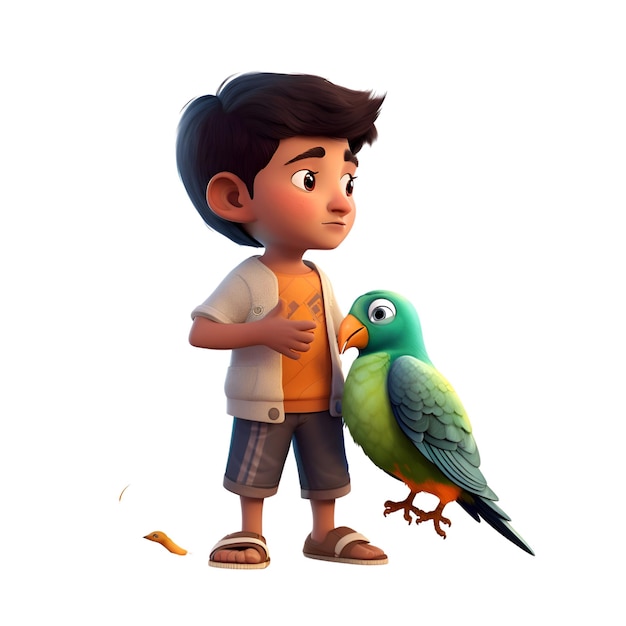 Foto renderização digital 3d de um menino bonito com um papagaio