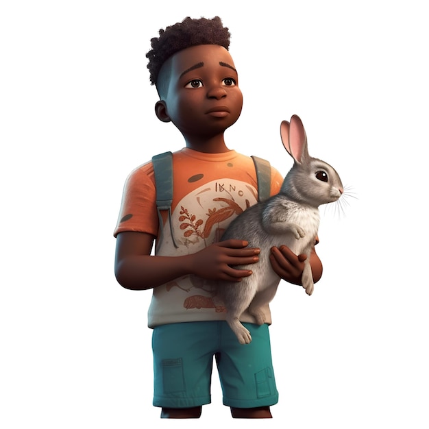 Renderização digital 3D de um menino com um coelho isolado em fundo branco