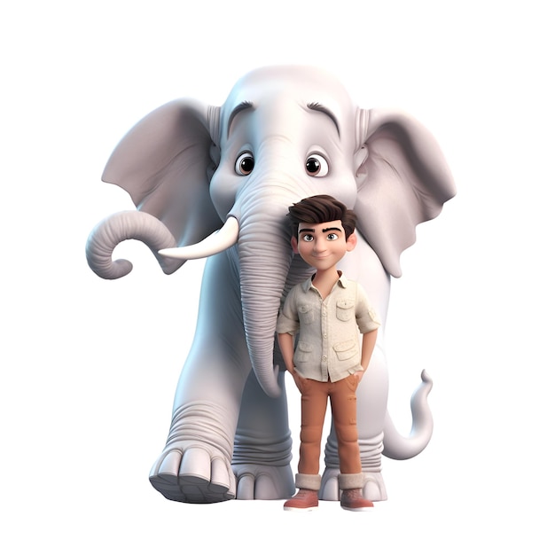 Renderização digital 3D de um menino e um elefante isolados em fundo branco