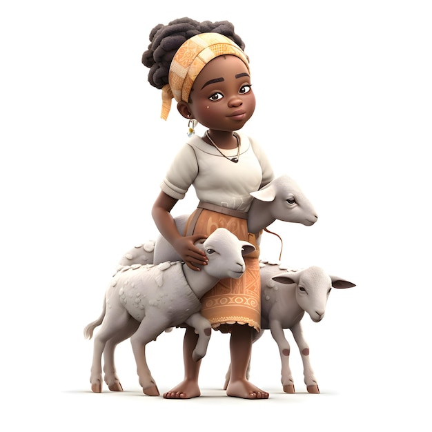Renderização digital 3D de uma bonita menina afro-americana com ovelhas isoladas em fundo branco