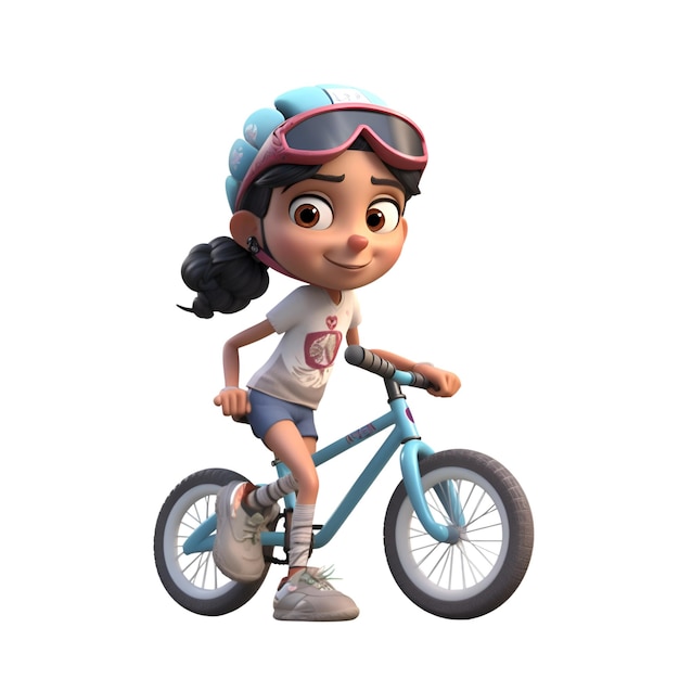 Renderização digital 3D de uma garotinha andando de bicicleta isolada no fundo branco