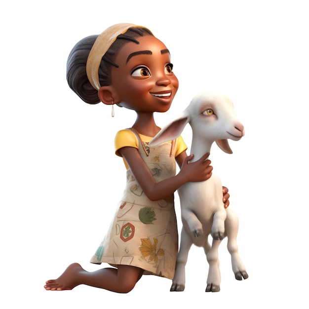 Renderização digital 3D de uma menina bonita com uma cabra isolada em fundo branco